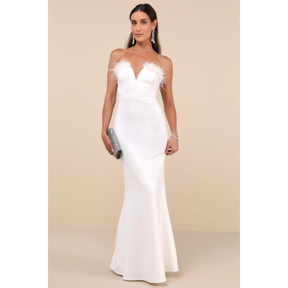 Lulus Extraordinary Glam White Feather Strapless Mermaid Maxi Dress - Size M